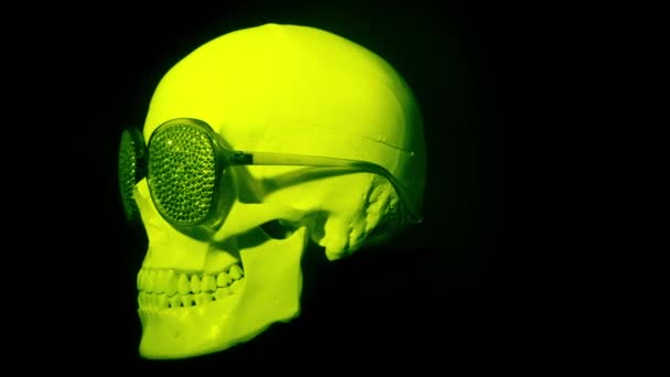 crâne tournant contre le noir avec des lunettes de soleil scintillantes 