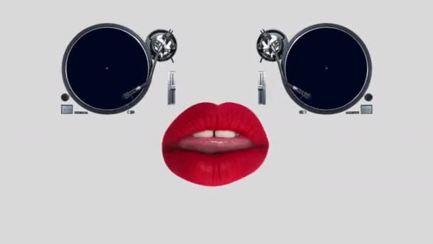 Female Beautiful Red Lips Black Record Turntables Overlayed Dancing Silhouettes — ストック動画