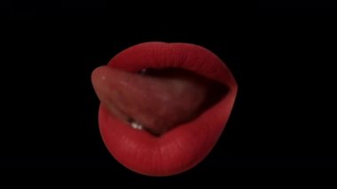 Siyah arka planda dil yalayan kırmızı, nefis dudakların yakın çekim görüntüleri.