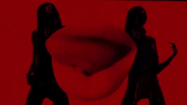 Vrouwelijke Mooie Rode Lippen Bedekt Met Dansende Vrouwelijke Silhouetten Club — Stockvideo