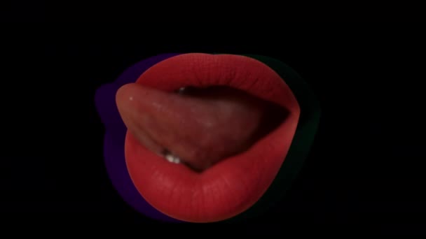 Nahaufnahme Von Roten Üppigen Lippen Mit Leckender Zunge Auf Buntem — Stockvideo