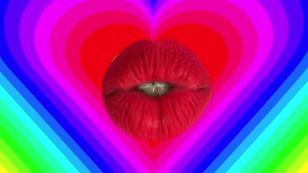 Sekvens Kvinnliga Vackra Röda Läppar Med Pumpande Hjärtan Mönster Bakgrunden — Stockvideo