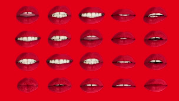 Diferentes Imágenes Mujer Hermosos Labios Rojos Sobre Fondo Rojo — Vídeos de Stock