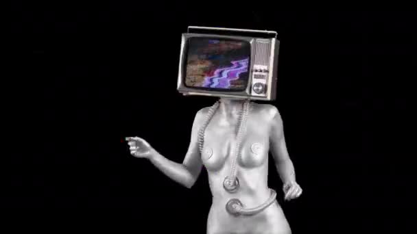 Naakte Vrouw Met Televisie Als Hoofd Dansen Shows Abstractie — Stockvideo