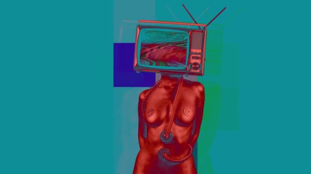 Bailando Mujer Desnuda Con Televisión Como Cabeza Programas Televisión Abstracción — Vídeo de stock