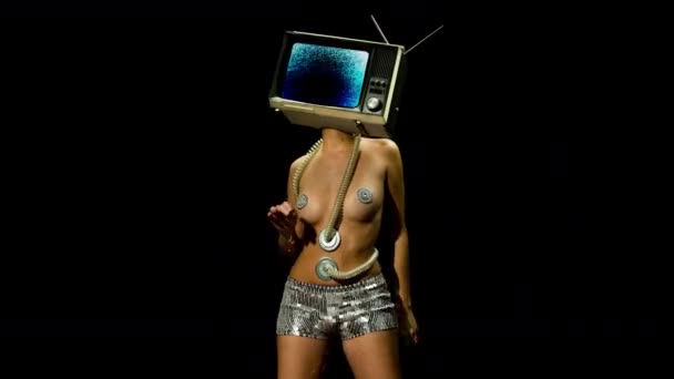 Ballando Donna Nuda Con Televisione Come Testa Spettacoli Televisivi Astrazione — Video Stock