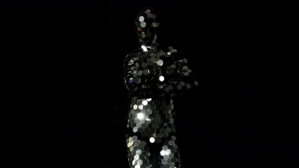 Dancing Man Shiny Mirror Suit Black Background — Stock Video