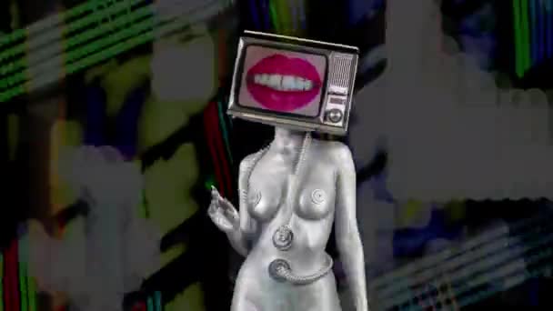 Nackte Frau Tanzt Und Posiert Mit Fernseher Als Kopf — Stockvideo