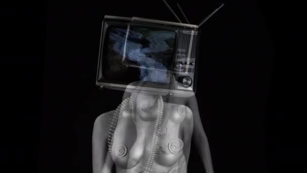 Bailando Mujer Desnuda Con Televisión Como Cabeza Programas Televisión Abstracción — Vídeos de Stock