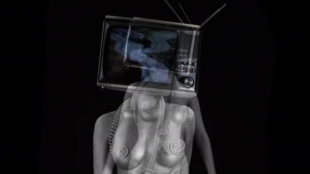 Danse Femme Nue Avec Télévision Comme Tête Émissions Télévision Abstraction — Video