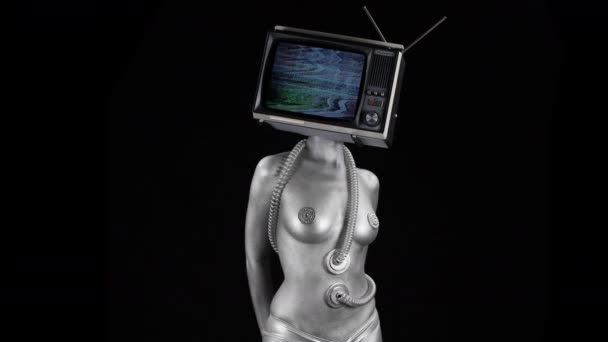 Bailando Mujer Desnuda Con Televisión Como Cabeza Programas Televisión Abstracción — Vídeo de stock