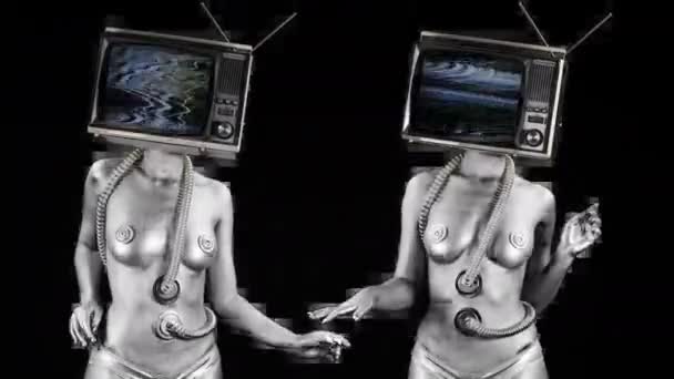 Dançando Mulheres Nuas Com Televisão Como Cabeça Programas Abstração — Vídeo de Stock