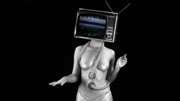 Bailando Mujer Desnuda Con Televisión Como Cabeza Programas Televisión Abstracción — Vídeos de Stock