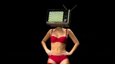 dans ve bir televizyon kafa olarak a ile poz kırmızı iç çamaşırı inanılmaz bir kadın. tv vardır hipnotik bir video üzerinde döngü
