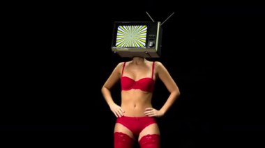 dans ve bir televizyon kafa olarak a ile poz kırmızı iç çamaşırı inanılmaz bir kadın. tv vardır hipnotik bir video üzerinde döngü