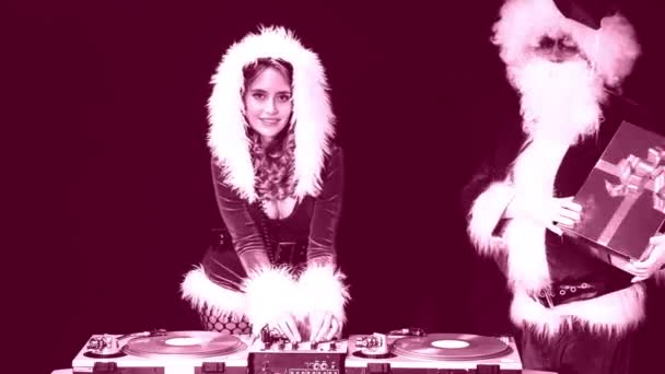 Missus Claus Djing Disco Party Black Background — Stock Video
