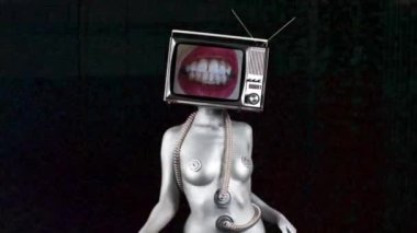 dans ve bir televizyon kafa olarak a ile poz inanılmaz bir kadın. tatlı dudakları üzerinde hareketli video tv var