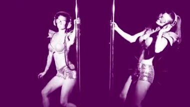 Şaşırtıcı direk dansör parlak kostüm siyah arka plan üzerine taşıma