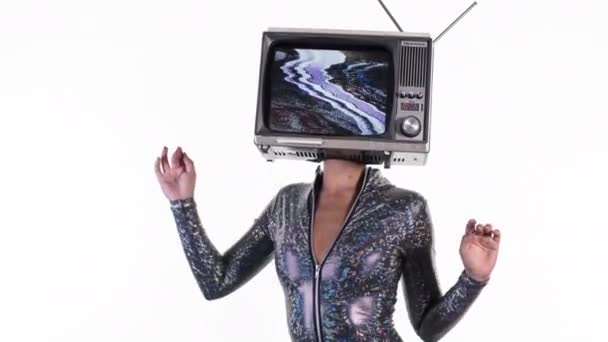 Woman Dancing Television Head Shows Abstraction — Stock Video