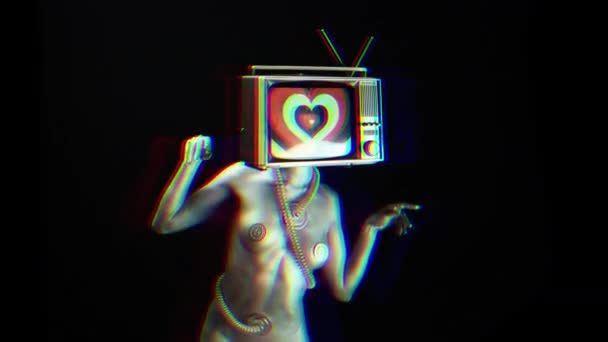 Танцююча Гола Жінка Телебаченням Голова Телевізійні Шоу Абстракція Серце — стокове відео