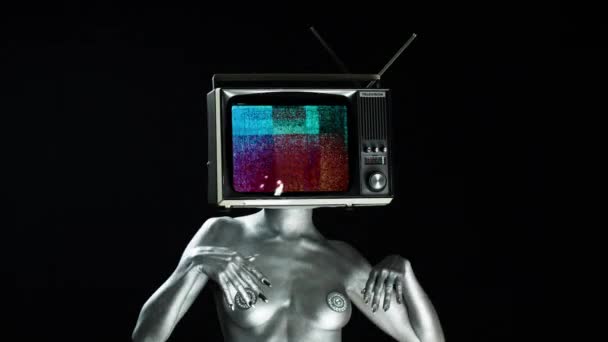 Dancing Naked Woman Television Head Shows Interference — Stock Video