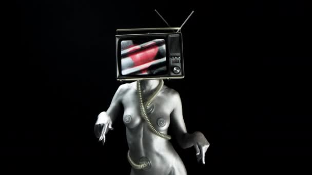 Danse Femme Nue Avec Télévision Comme Tête Émissions Télévision Abstraction — Video