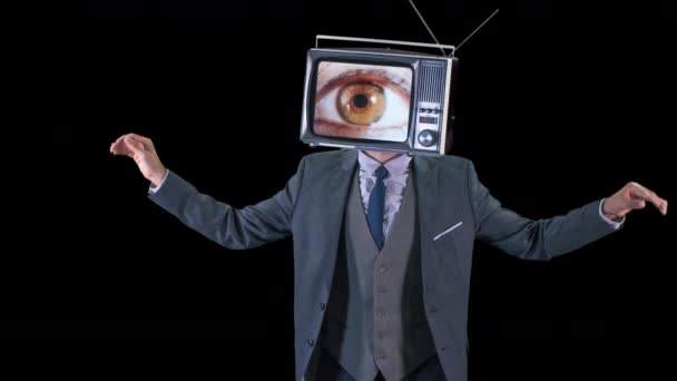 Headcool Man Suit Dancing Television Head Has Changing Eyes Playing — Stock Video