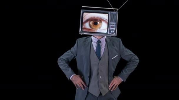 Headcool Άνθρωπος Ένα Κοστούμι Χορεύοντας Μια Τηλεόραση Ένα Κεφάλι Τηλεόραση — Αρχείο Βίντεο
