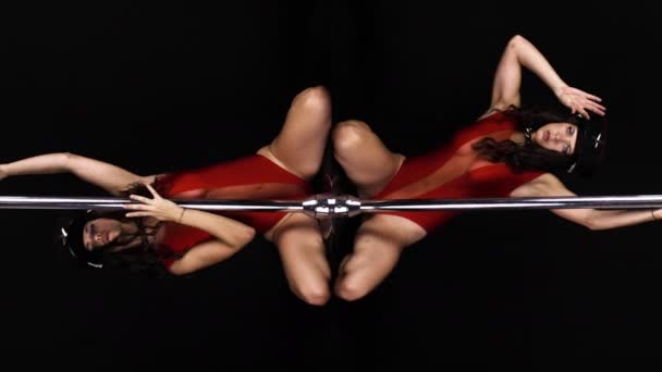Attractive Pole Dancer Red Costume Showing Skills — Stock Video