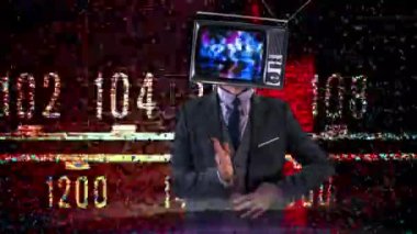 Bay Televizyon Şefi. Takım elbiseli havalı bir adam kafasında televizyonla dans ediyor. Televizyon parazitli ve gürültülü.