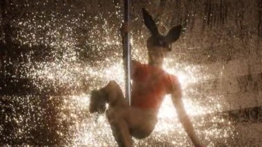 Direk dansör kostüm altın ışıltılı arka plan üzerinde tavşan kulaklı poz