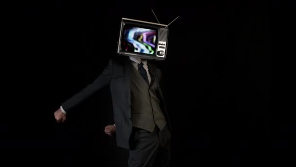 Kopf Cooler Mann Anzug Der Mit Einem Fernseher Als Kopf — Stockvideo