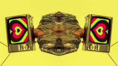 Woman posing with television on head on yellow background