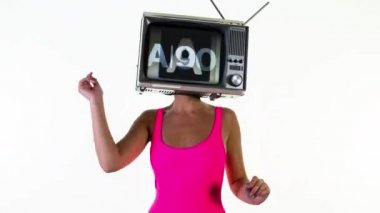 Woman posing with television on head