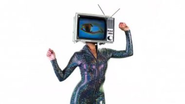 Woman posing with television on head