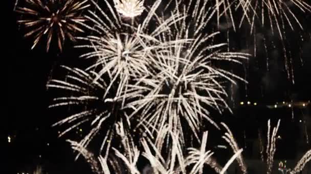 Goldenes Feuerwerk Explodiert Nachthimmel — Stockvideo