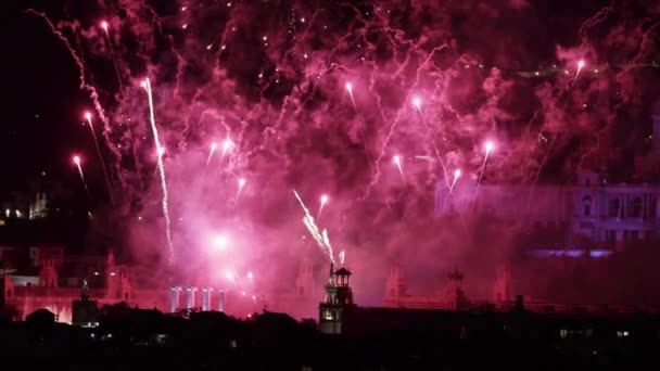 Diferentes Fuegos Artificiales Colores Explotando Pantalla Sobre Ciudad — Vídeo de stock