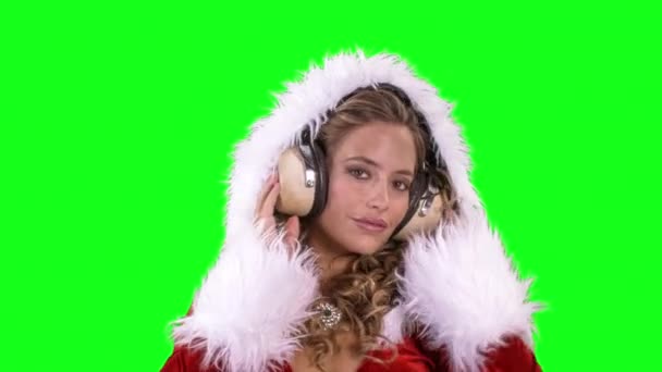 Beautiful Blonde Woman Dancing Cute Santa Claus Costume Green Background — Stock Video