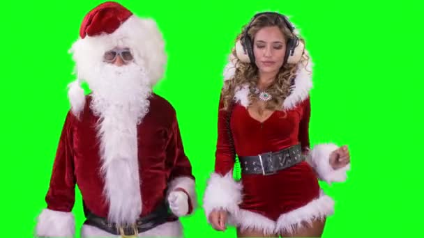 Santa Claus Piękna Pani Mikołaj Taniec Disco Party Zielonym Tle — Wideo stockowe