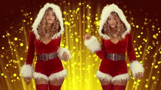 Donna Che Balla Costume Babbo Natale Sfondo Giallo — Video Stock