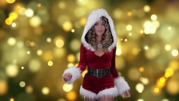 Attractive Woman Dancing Santa Claus Costume Bokeh Background — Stock Video