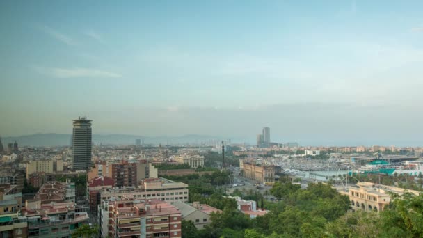 Zachód Słońca Timelapse Mont Biegnącą Panoramę Centrum Miasta Barcelona — Wideo stockowe