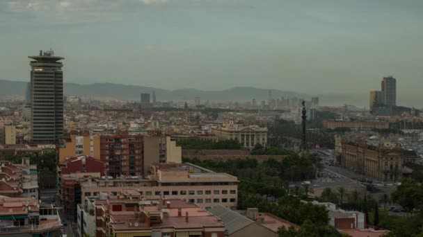 Zonsondergang Timelapse Van Mont Juic Van Skyline Van Centrum Van — Stockvideo