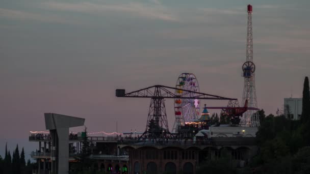 Barcelona July 2017 Time Lapse Rides Tibidabo Amusement Park Overlooking — Stock Video