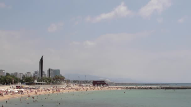 Persone Sulla Spiaggia Nella Zona Olimpica Del Porto Barcellona — Video Stock