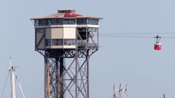 Téléphérique Reliant Plage Port Avec Montagne Mont Juic Barcelone — Video