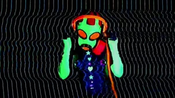 Cyber Raver Woman Gas Mask Dancing Glitch Noise Effects — ストック動画