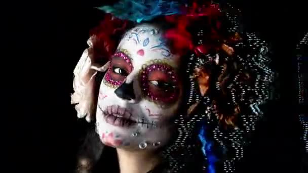 Egyéni Tervezett Candy Koponya Mexikói Nap Halott Arca Smink Gyönyörű — Stock videók