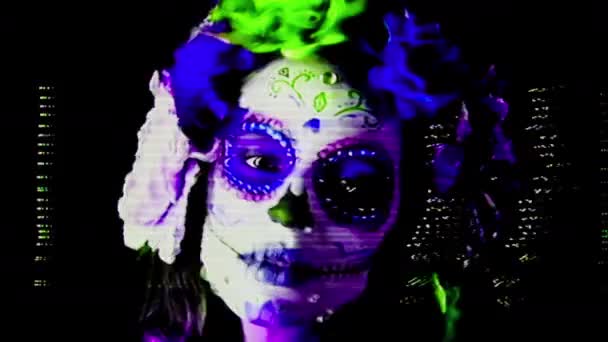 Egyéni Tervezett Candy Koponya Mexikói Nap Halott Arca Smink Gyönyörű — Stock videók