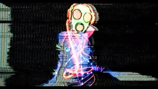 Kvinna Klädd Fluorescerande Gasmask Dans Med Glitch Effekt — Stockvideo